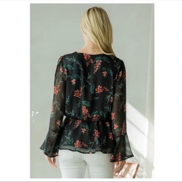Black Floral Print Chiffon V-Neck Bell Sleeve Blouse - Picture 6 of 6
